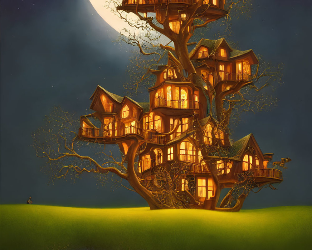 Elaborate multi-level treehouse under full moon in rolling green hills