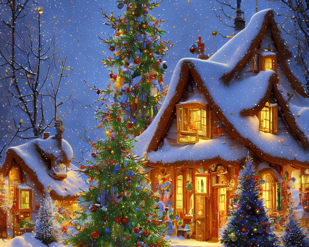 Snowy Scene with Cozy Cottage, Christmas Tree, and Starry Sky