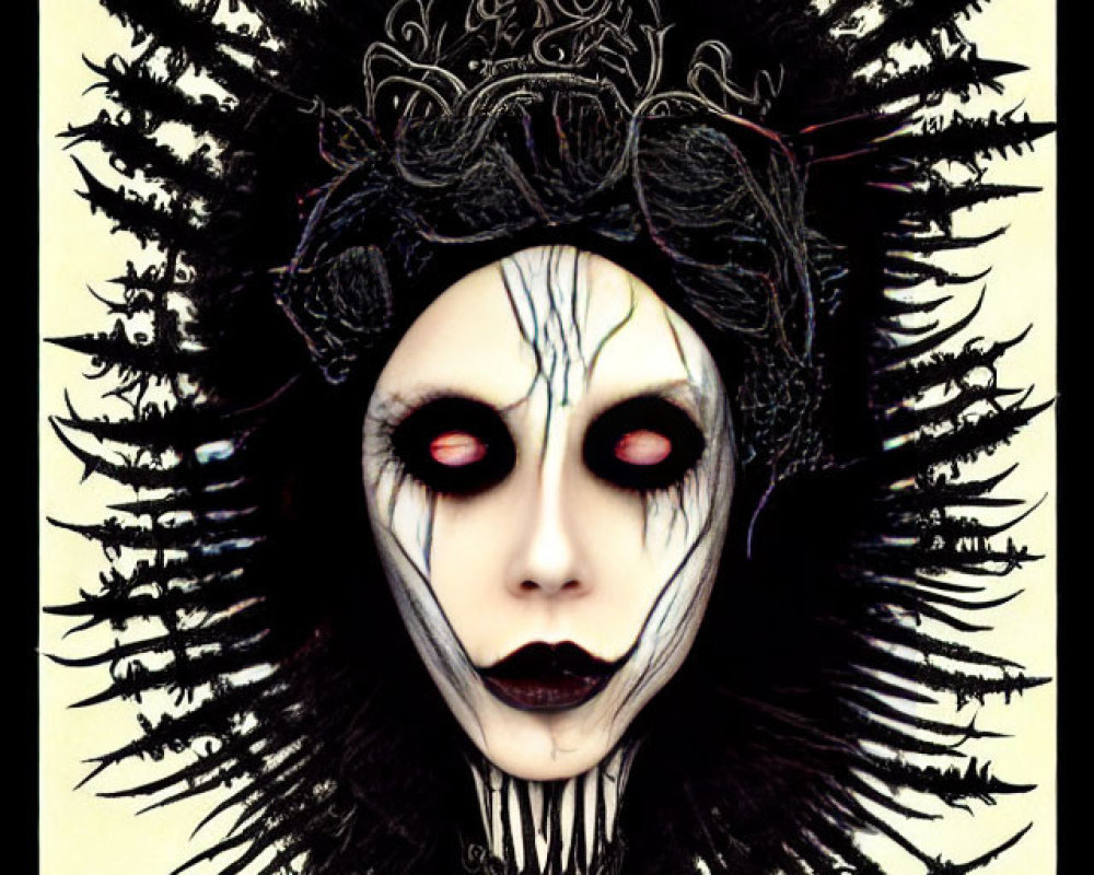 Gothic figure with pale face, red eyes, black lipstick, and spiky headdress