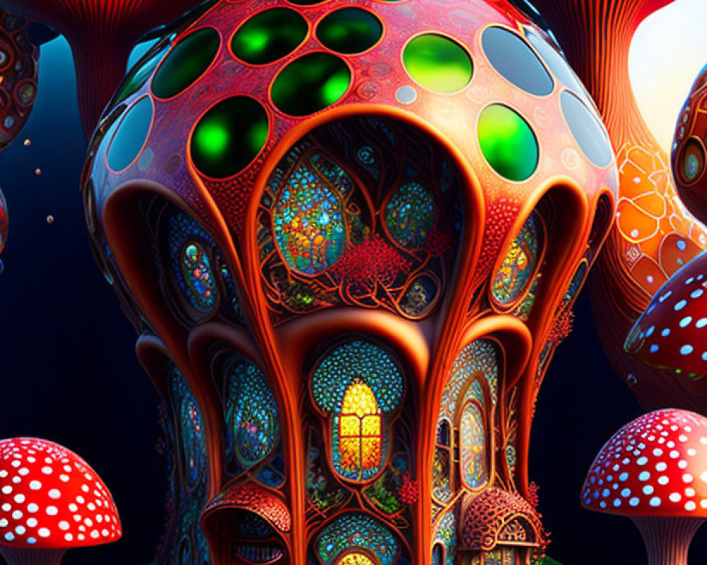 Colorful psychedelic mushroom structures against night sky