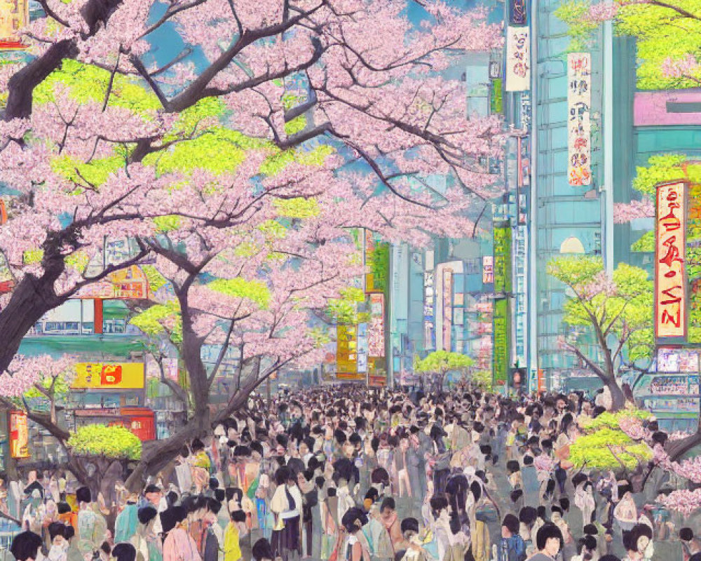 Crowded street scene under cherry blossom trees and urban signs