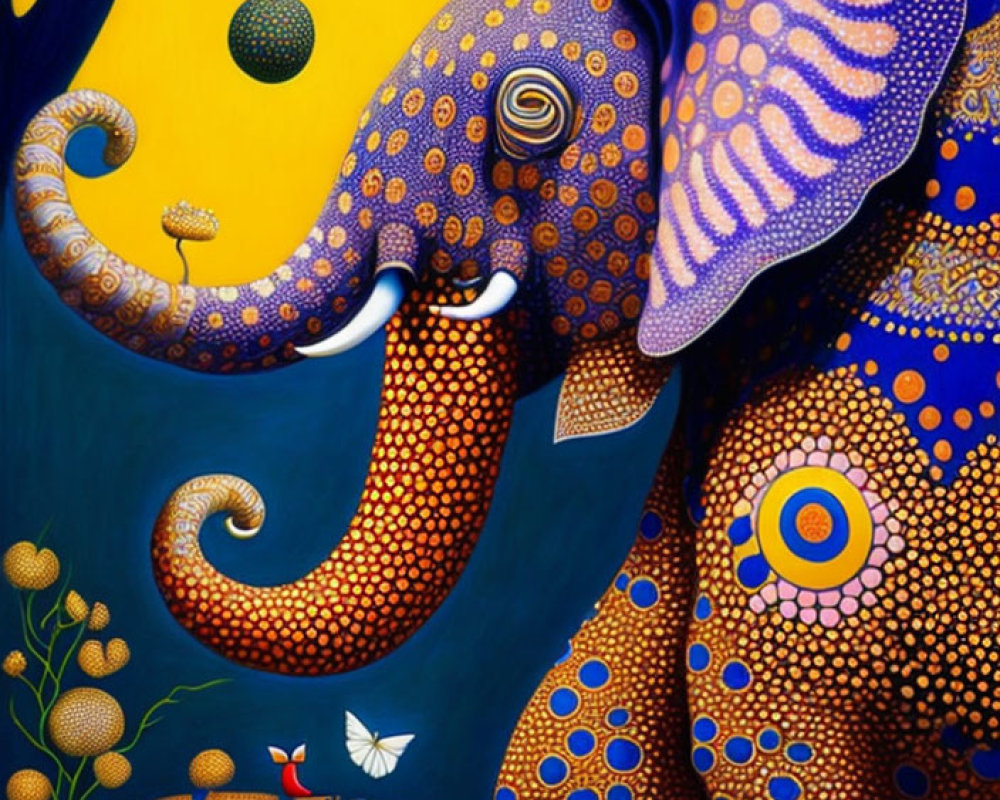 Vibrant surreal artwork: decorated elephant, stylized tree, floating spheres, bird & butterfly
