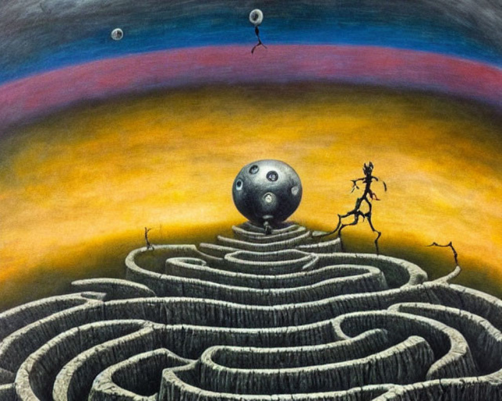Surreal artwork with labyrinth, cloaked figure, balloon figures, vibrant sky