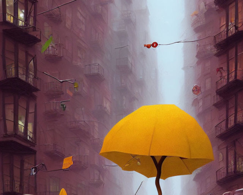 Whimsical street scene with walking cat and yellow umbrella
