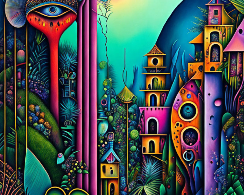 Colorful surreal artwork: eye in vibrant landscape with castle-like structures