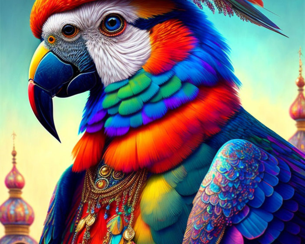 Colorful Parrot with Humanlike Eye and Jeweled Headdress in Ornate Setting