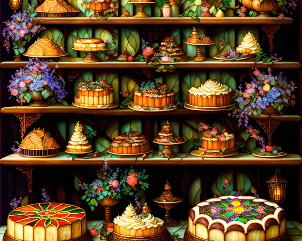Colorful cakes and pastries on wooden shelves with flowers and fruits in warm lighting