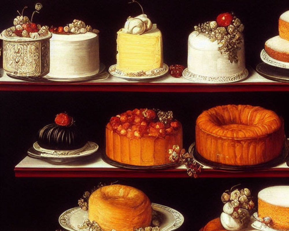 Elaborately Decorated Cakes and Pastries on Dark Shelving