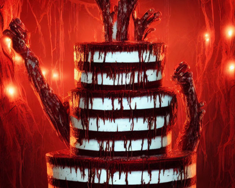 Horror-themed cake with blood-like icing and eerie hands on crimson backdrop