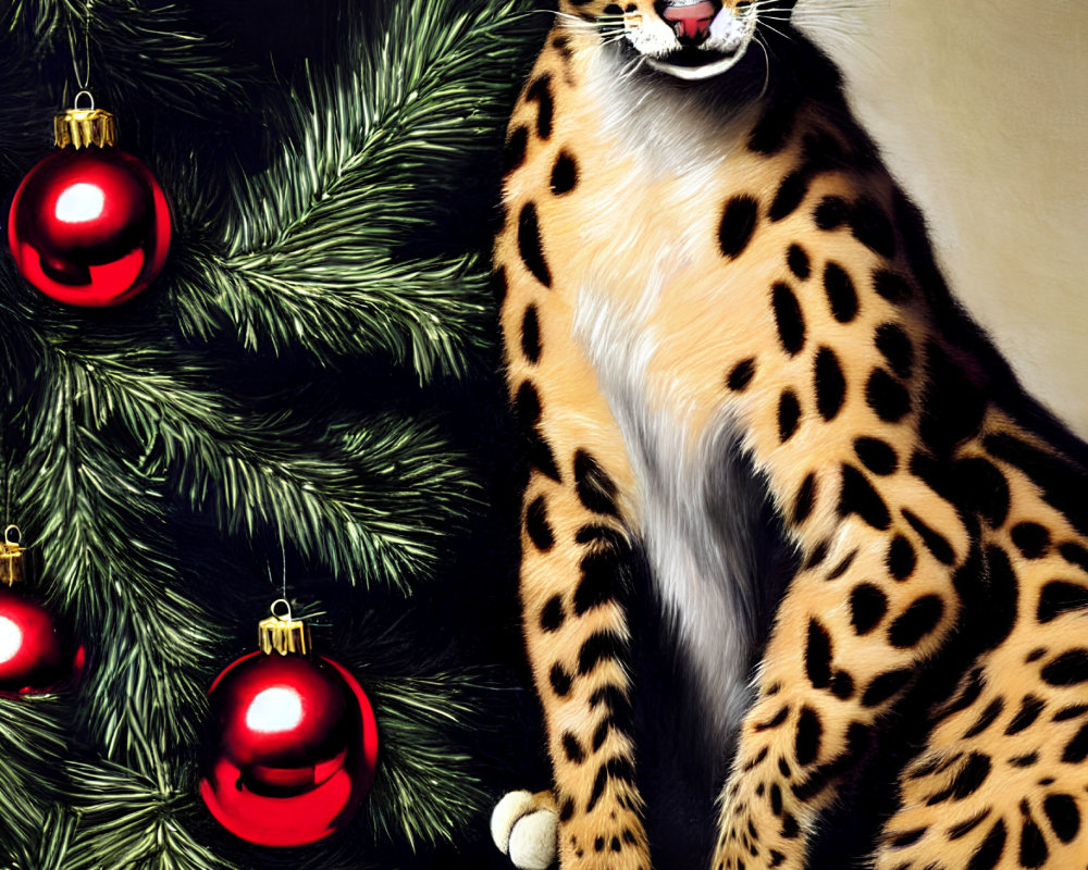 Serval cat by Christmas tree with red and gold baubles