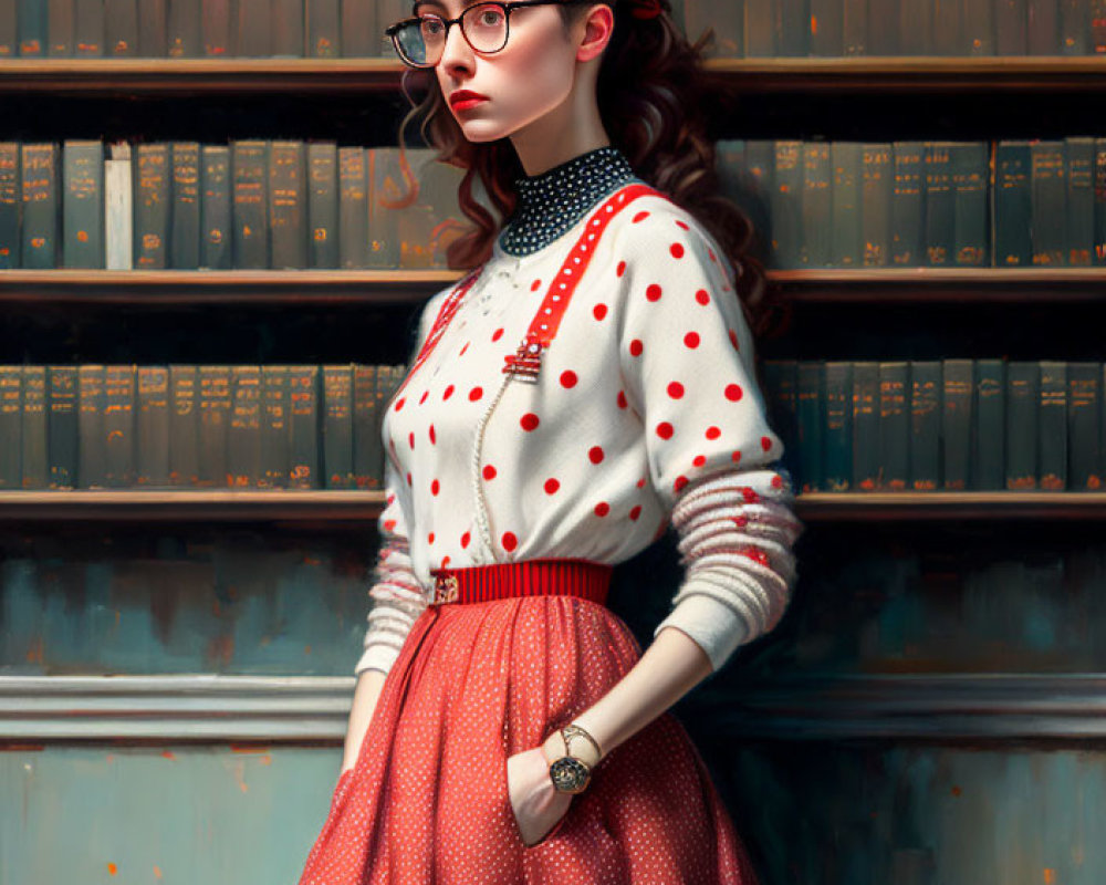 Stylish woman in retro attire with glasses in contemplative pose by bookshelf