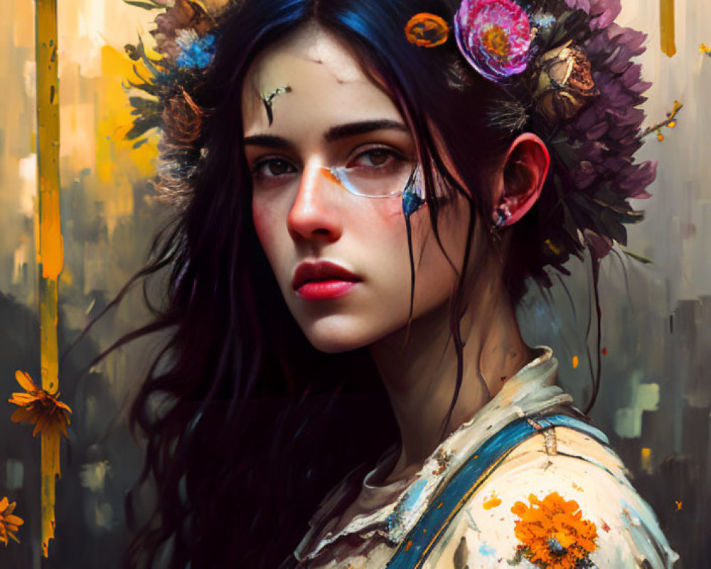 Digital painting of woman with blue hair, floral crown, paint smudges, overalls, abstract