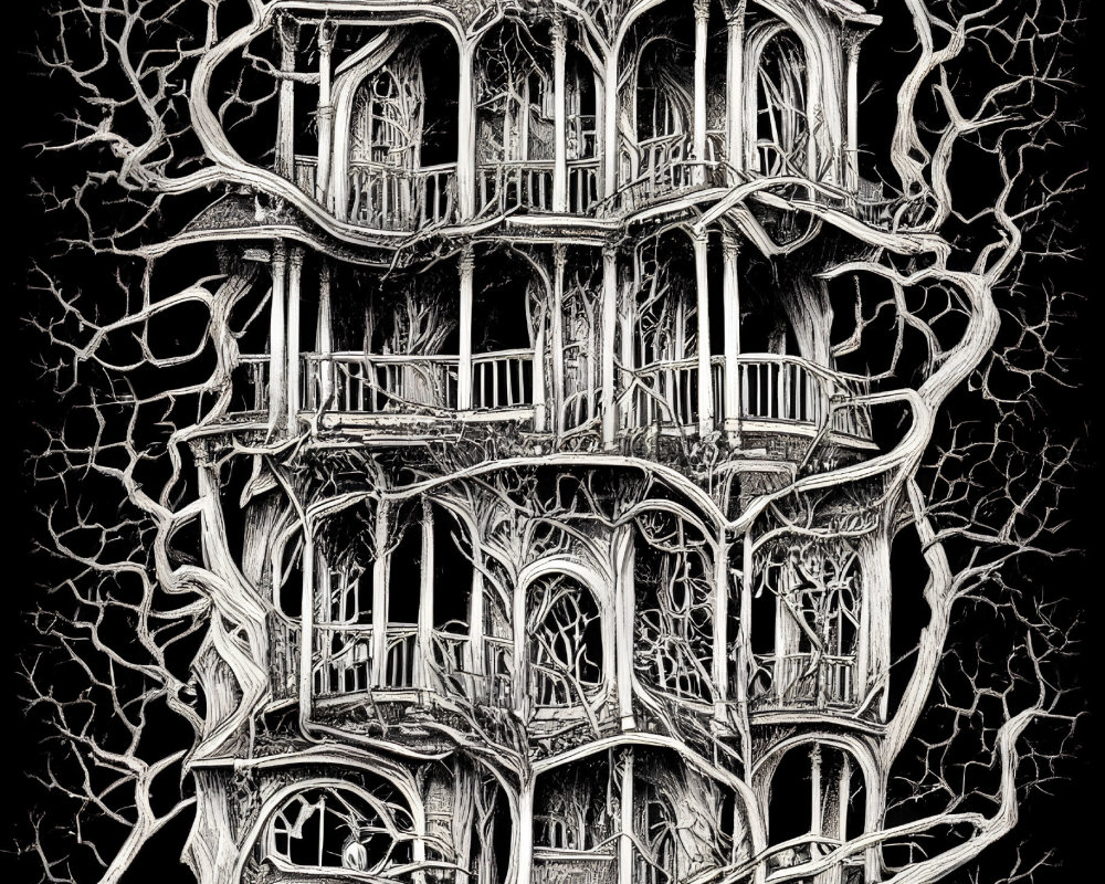 Detailed black and white illustration of intricate treehouse with twisted branches and two full moons.