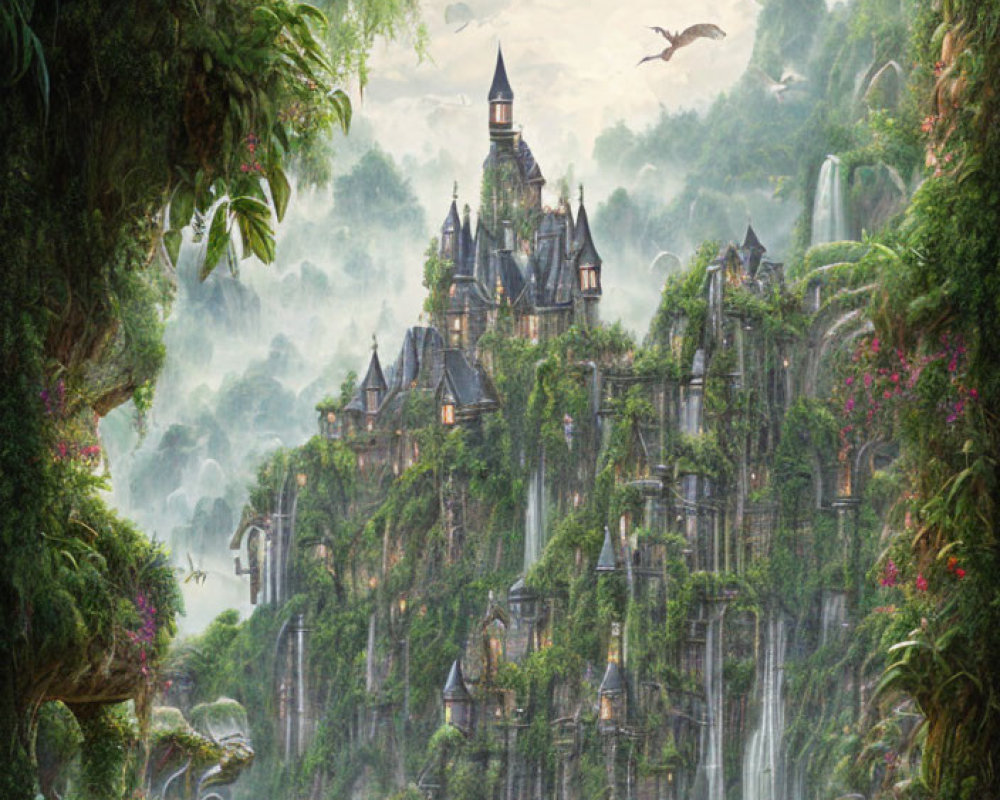 Mystical castle on lush cliff with waterfall, surrounded by greenery and dinosaur.