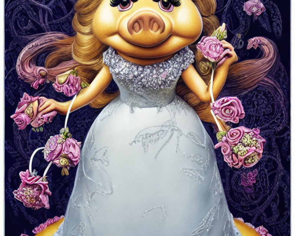 Anthropomorphic pig wedding illustration with pink roses and intricate cake design