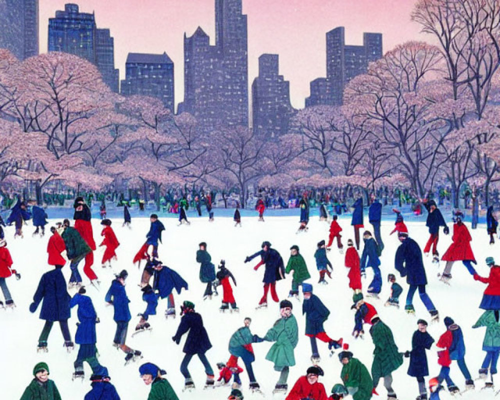 Illustration: Ice-skating in city park with pink trees and snowy sky