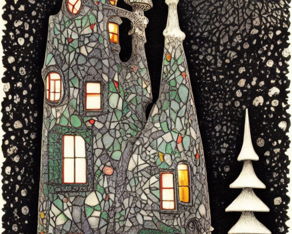 Mosaic-like house with tall steeple in snowy night scene