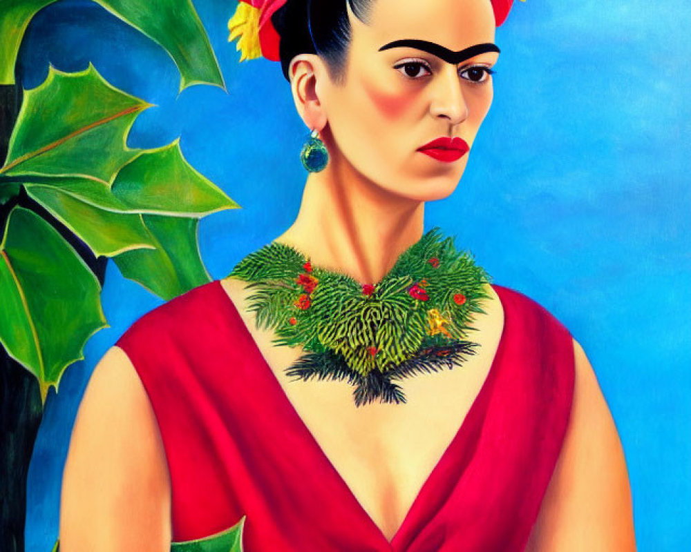 Woman with Unibrow in Red Blouse & Floral Headdress on Blue Background