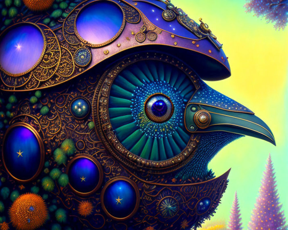 Intricate peacock illustration with cosmic background