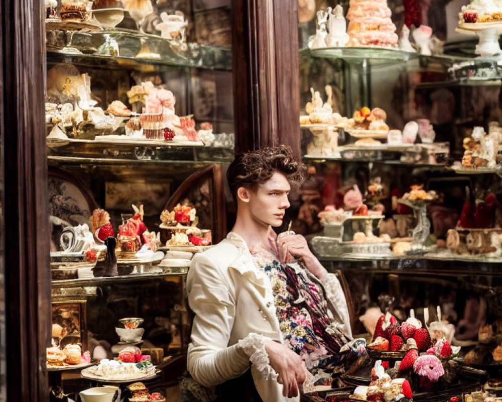 Person in white blouse and vest in ornate bakery with intricate pastries