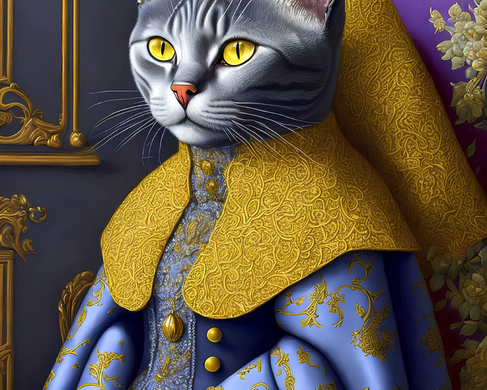 Cat in Renaissance attire against floral backdrop - Blue and gold costume