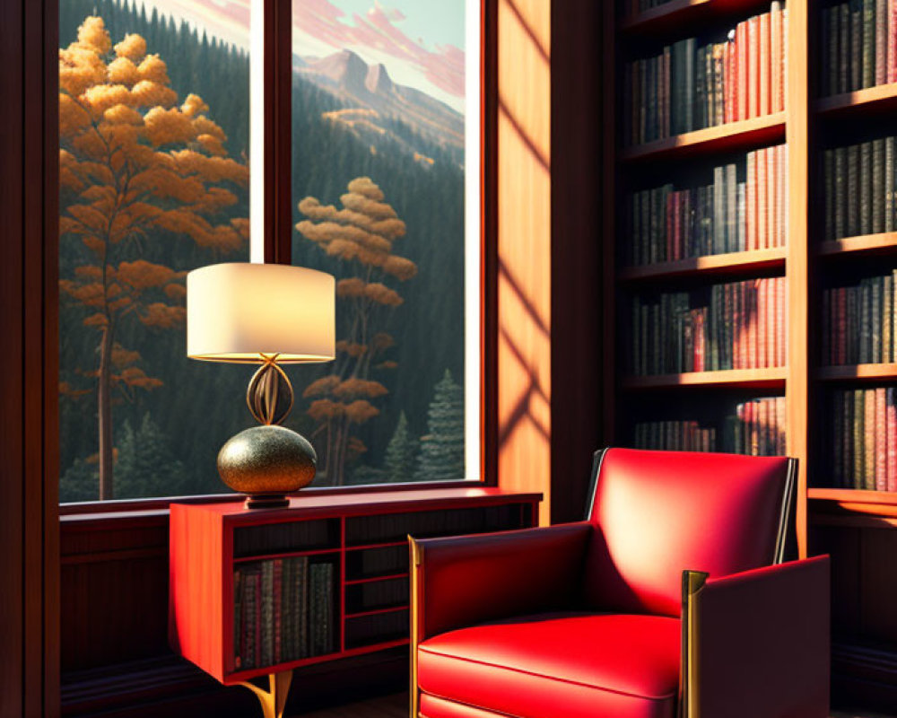Red armchair and lamp in cozy reading nook with forest and mountain view