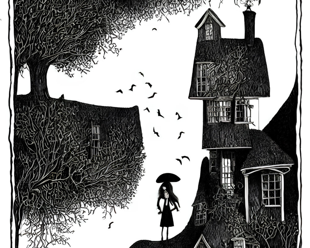 Detailed black and white drawing of whimsical houses, trees, people, and birds.