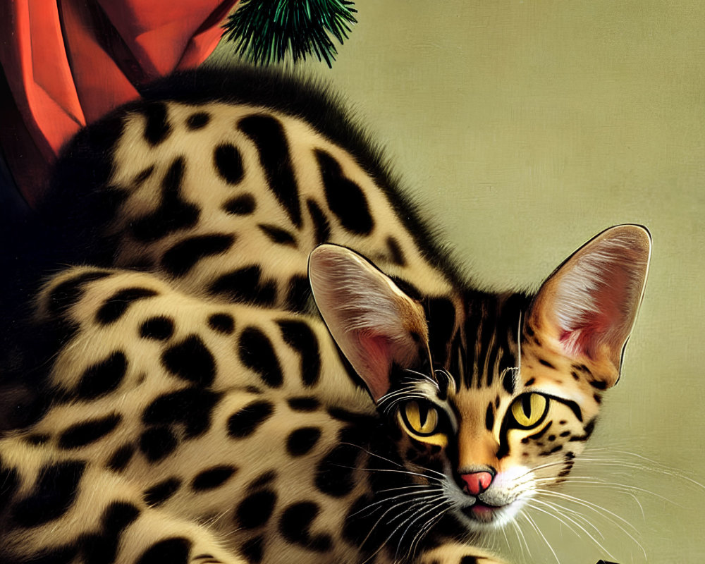 Bengal Cat with Spots and Pine Branch on Shelf