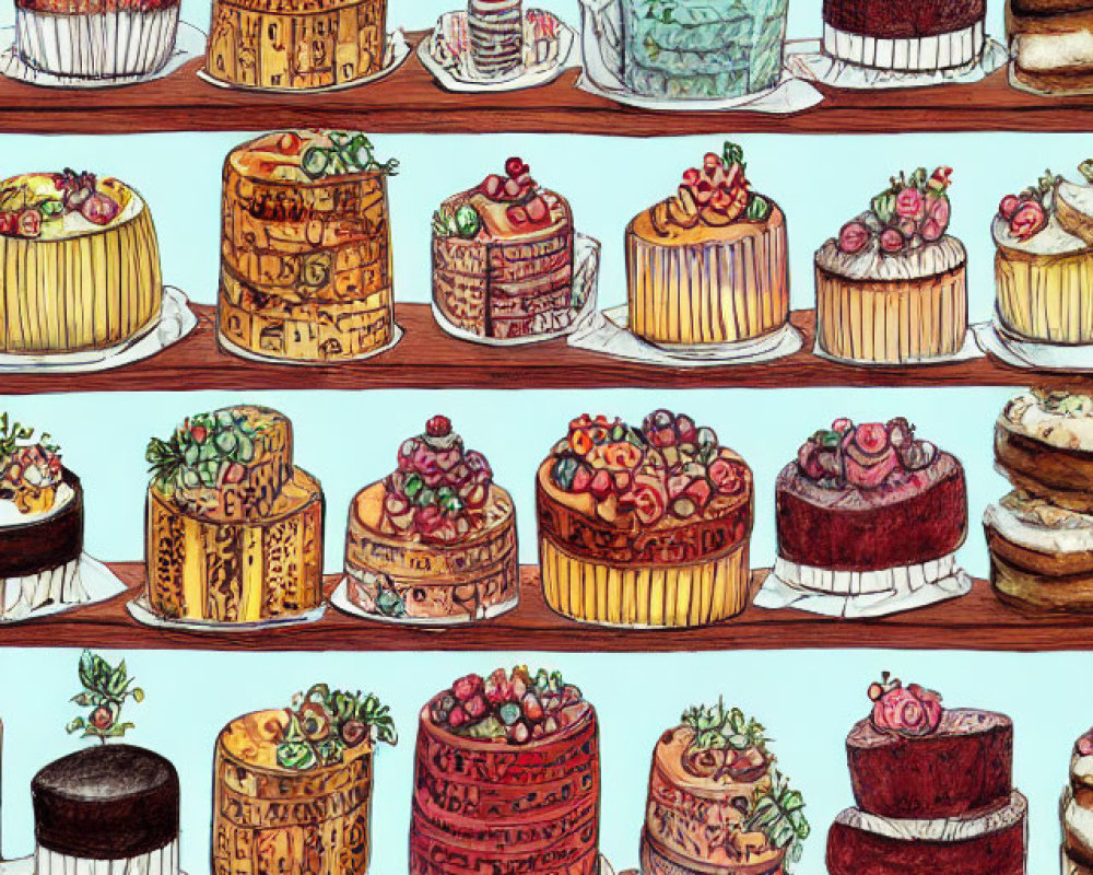 Assortment of Colorful Cakes with Various Toppings and Textures