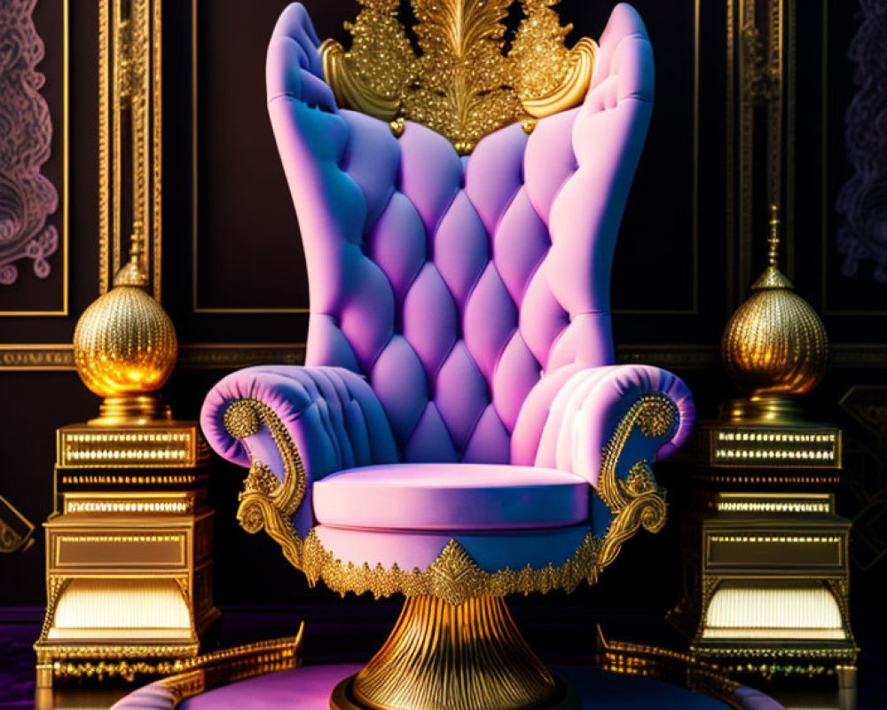 Royal Purple Throne with Golden Crown Motif and Lamps on Dark Background