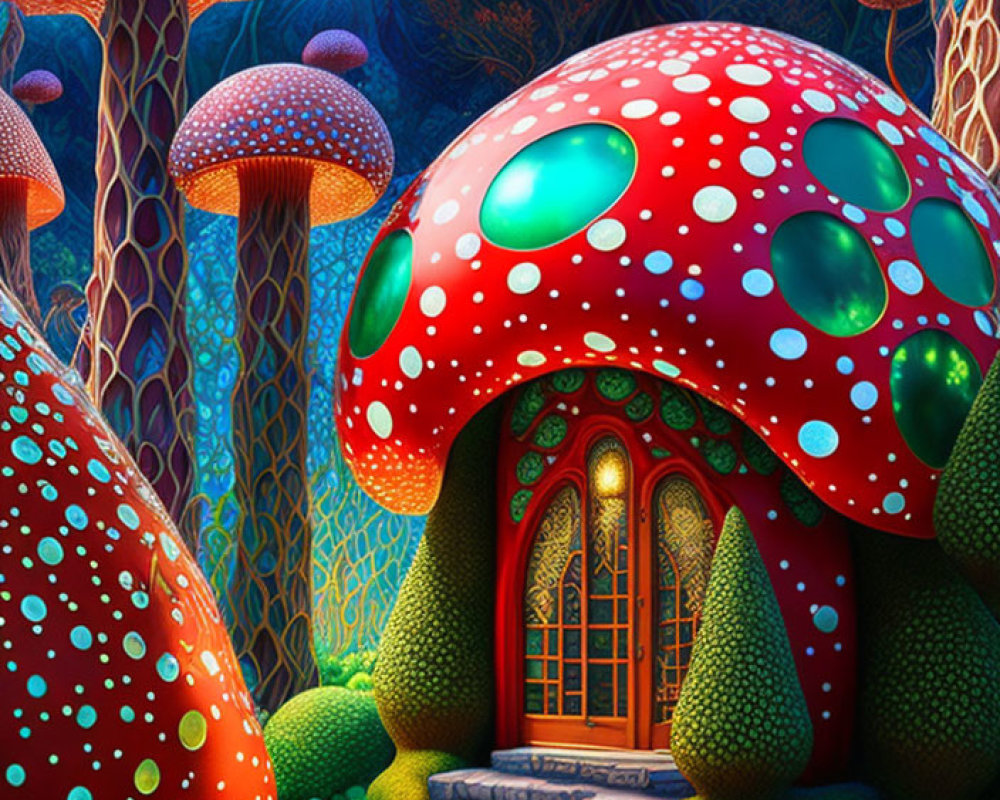 Colorful Mushroom House in Fantasy Forest Illustration