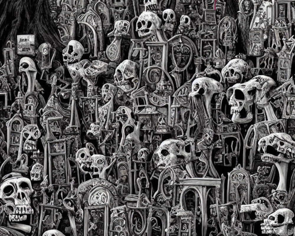 Monochromatic illustration of skulls, bones, haunted house, and twisted trees.