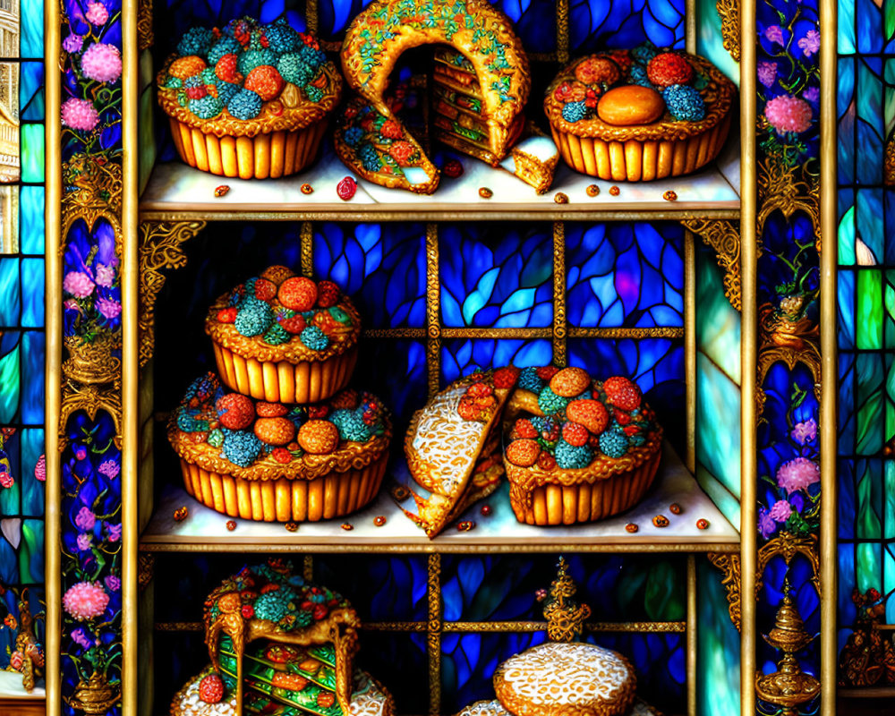 Colorful, ornate pastries on multi-tiered shelf with stained glass background.