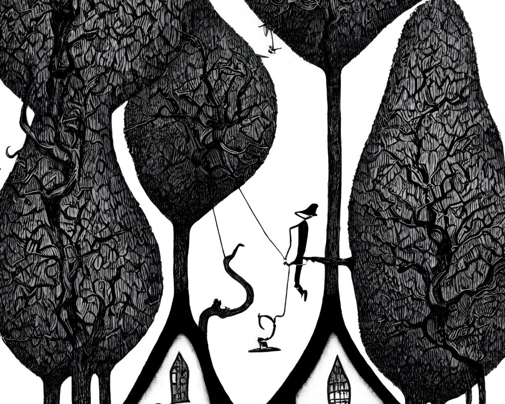 Monochrome illustration of stylized trees, houses, and bird on swing
