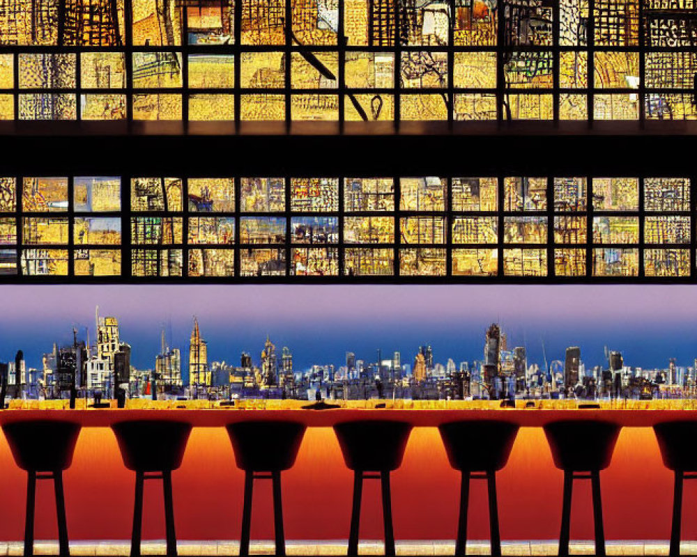 City Skyline View Framed by Luminous Window Panels in Stylish Bar