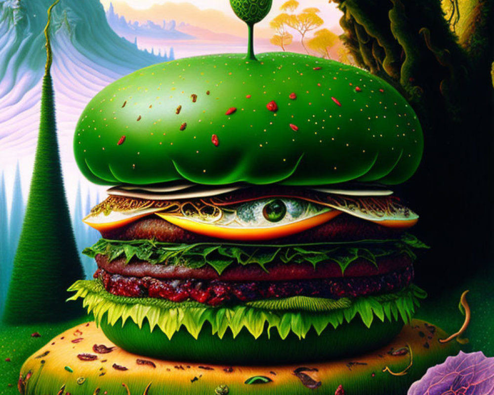 Surreal hamburger illustration in dreamlike landscape
