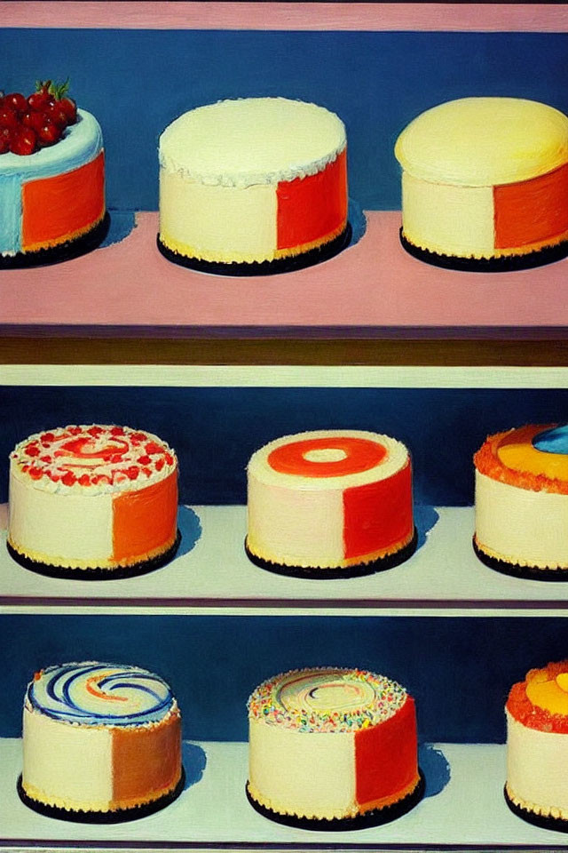 Stylized cake painting on blue and pink shelves against dark background