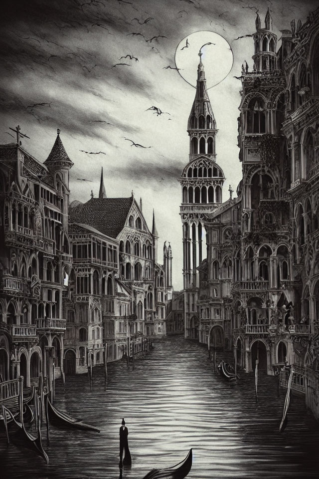 Monochromatic Gothic-style Venice illustration with gondola, iconic architecture, and moonlit sky