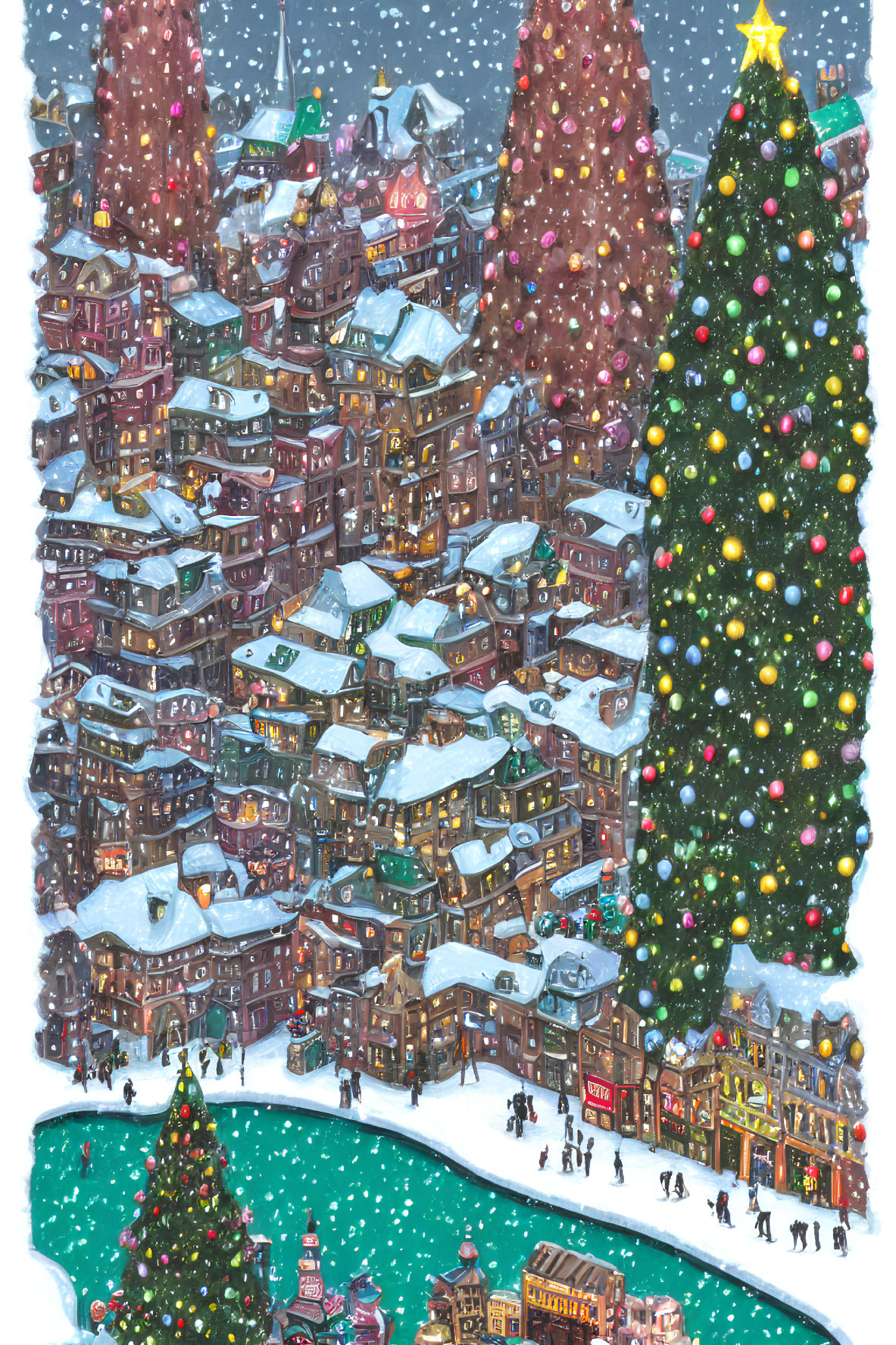 Snow-covered buildings and Christmas tree in festive winter scene