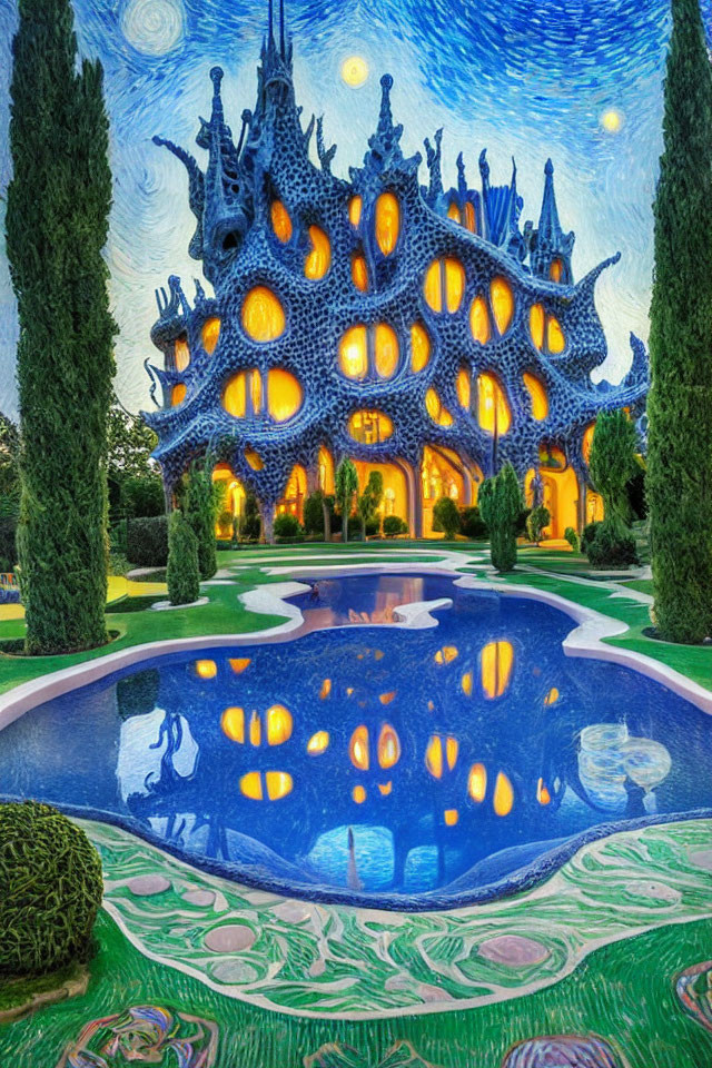 Surreal digital art: Van Gogh-inspired scene with swirling sky, organic building, reflective pool