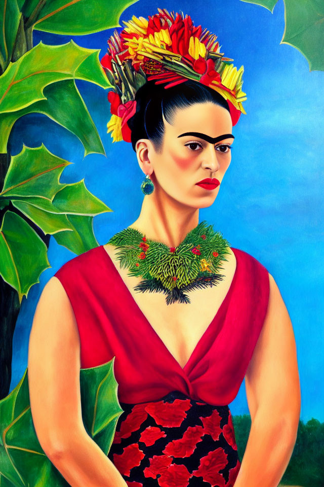 Woman with Unibrow in Red Blouse & Floral Headdress on Blue Background