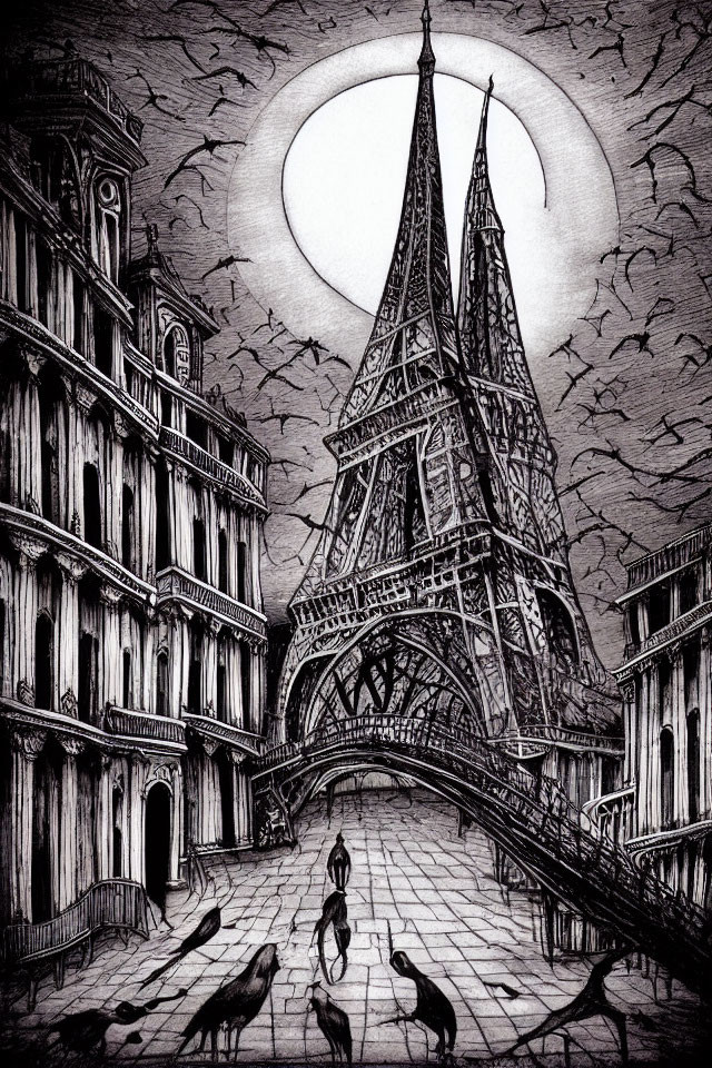 Monochrome illustration of Eiffel Tower in Gothic setting at night