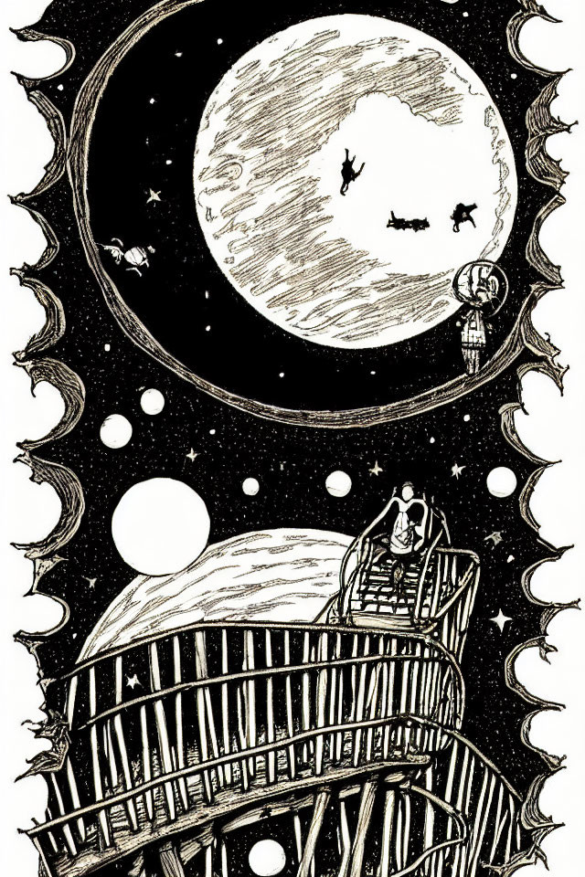 Monochromatic drawing of person on spiral staircase reaching moon, bats, stars, planets