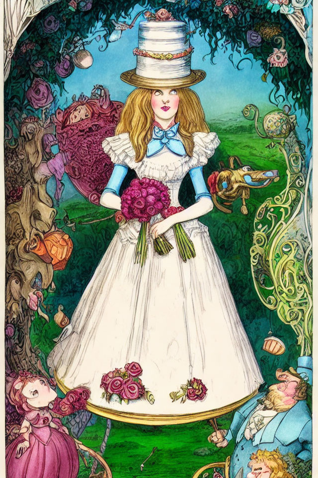 Vibrant illustration of woman in white dress with flowers & whimsical characters