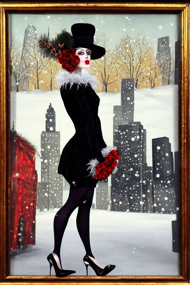 Stylish figure in black outfit and top hat in snowy cityscape