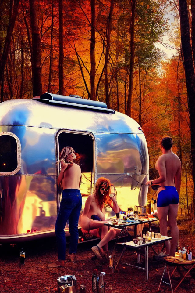 Three People Enjoying Leisure Activities by Shiny Camper in Autumn Forest