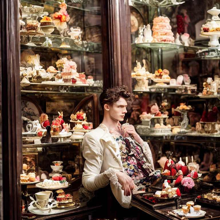 Person in white blouse and vest in ornate bakery with intricate pastries