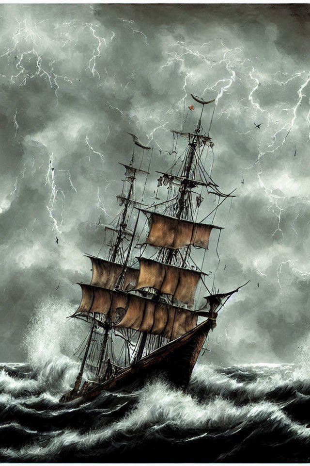 Tall Ship in Stormy Sea with Lightning and Dark Clouds