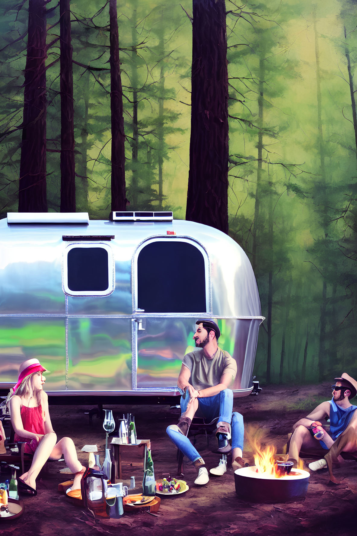 Friends by campfire near shiny travel trailer in the woods
