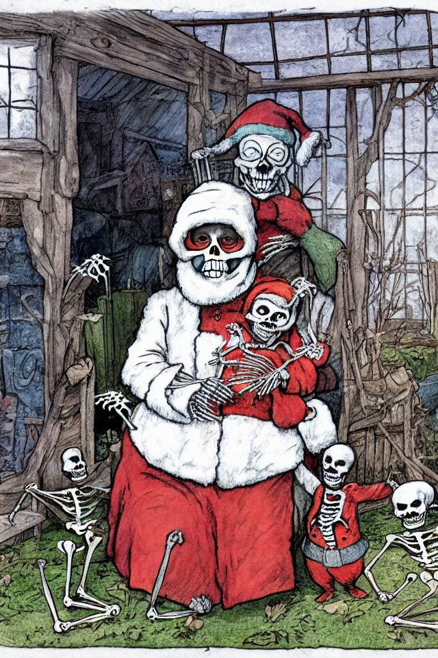 Skeleton Santa with Skeleton Helper in Festive Scene